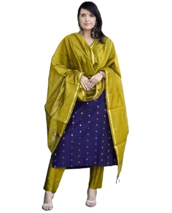 GoSriKi Kurta Sets for Women Rayon Viscose Printed | Kurta Pant Dupatta Set | Straight Kurti Set | V Neck 3/4 Sleeve Ethnic Outfit | Designer Indian Kurti Clothing with Pants Dupatta