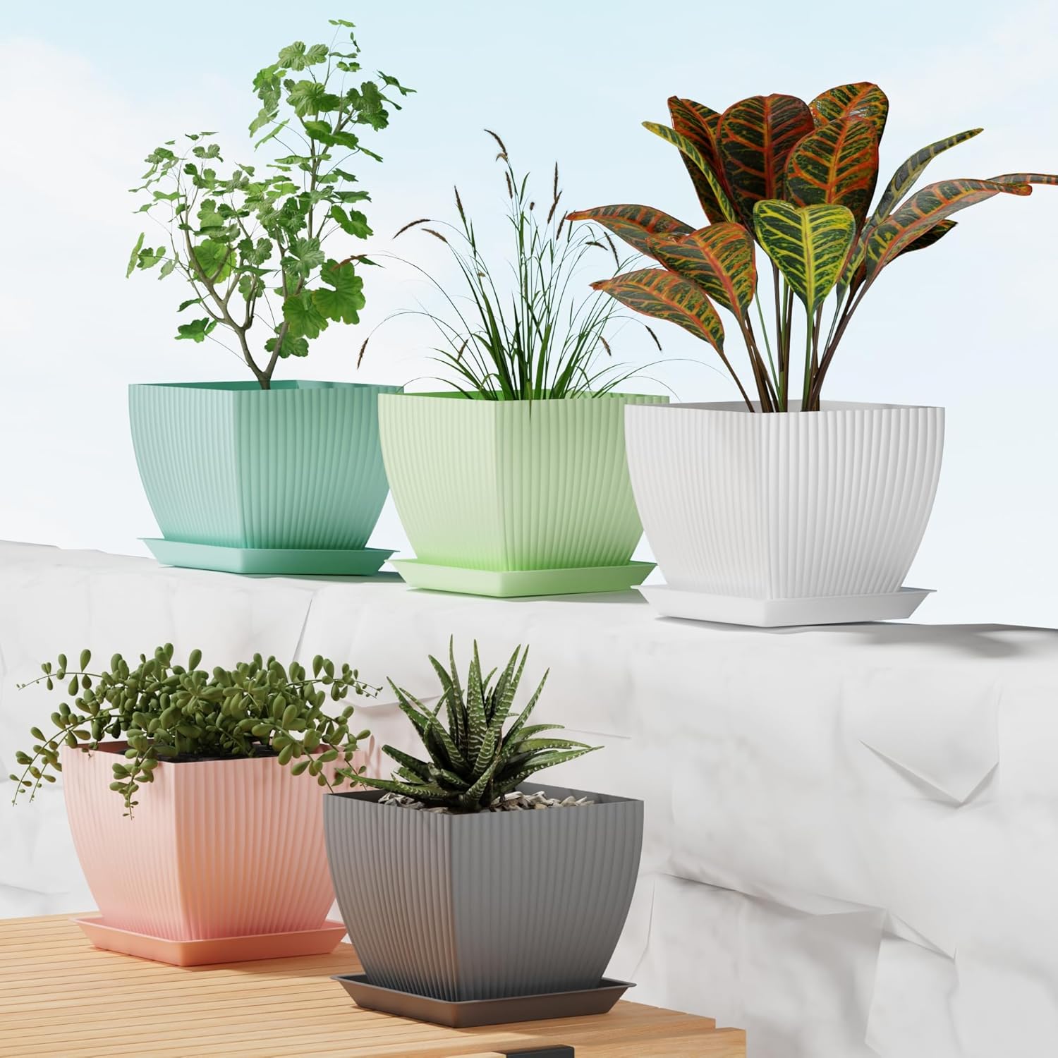 Eightiz (Pack of 5 6 inch Plant Flower Pots with Drainage Holes and Tray Saucers Outdoor Indoor - Ideal for Indoor Plants, Succulents, and Small Pots for Plants (Square LINE, Multi Colour)