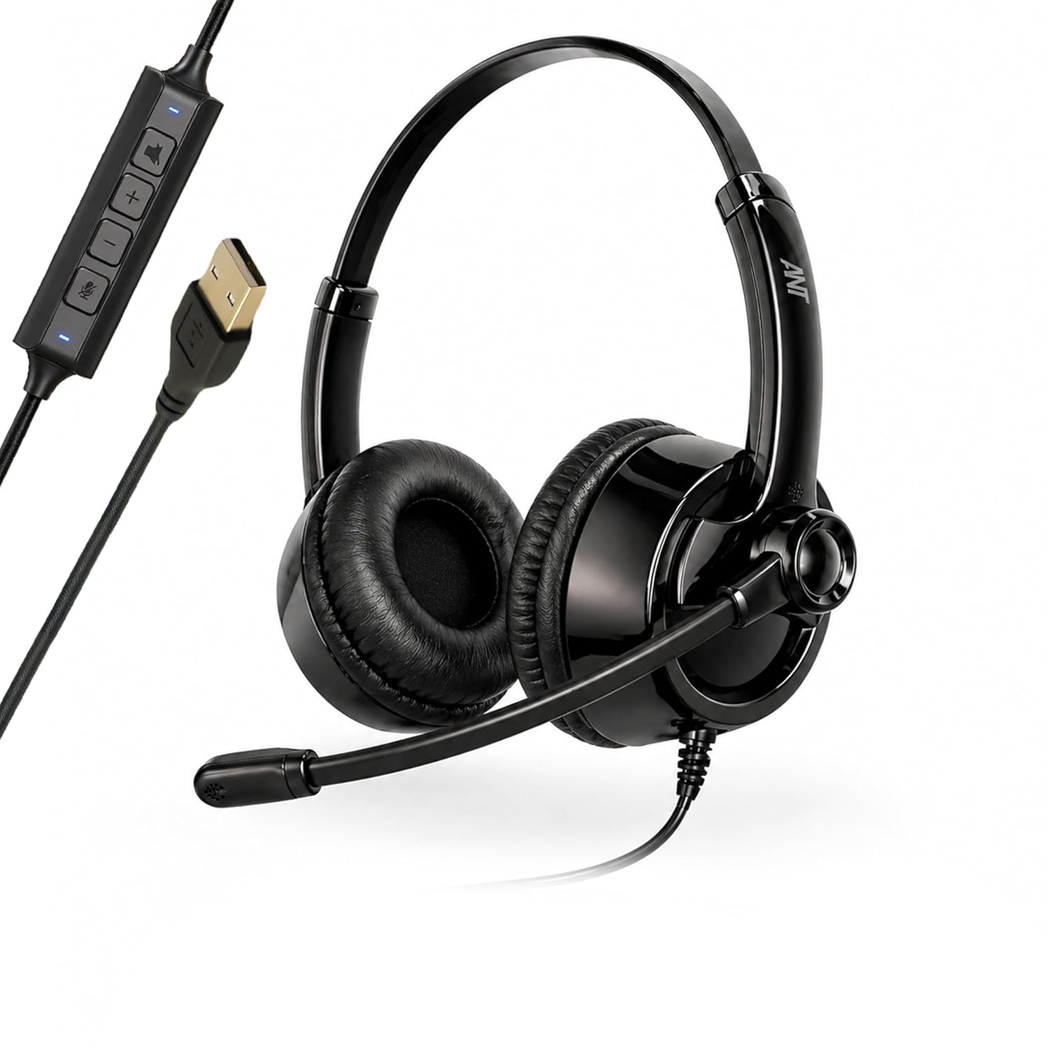 ANT Glory 10 Wired USB Headset, On Ear Headphones with Mic, Noise Cancelling Microphone, 40mm Drivers, Inline Mute/Volume Control,2m Cable for PC, Laptop, Zoom, Teams, Skype, & Home Office (Black)