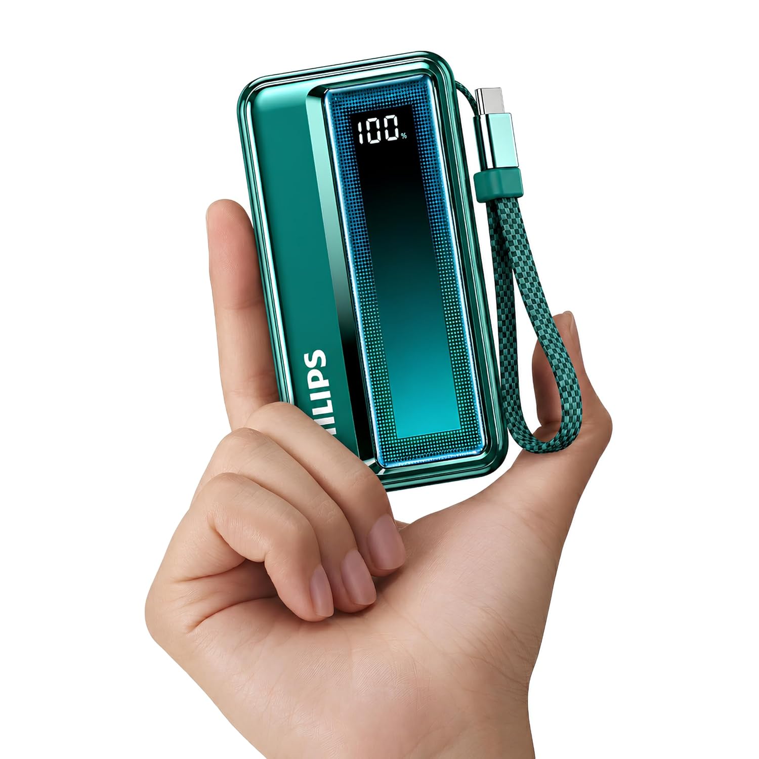 Philips DLP2721NC/94 20000mAh 45W Fast Charging Power Bank with Built-in Type-C Cable (Chrystal Teal) | Digital LED Display | Lithium Polymer | 2 Type-C & USB-A | Pocket Size | Travel-Friendly