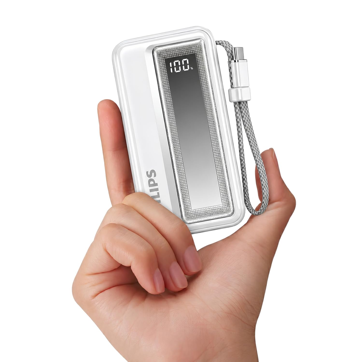 Philips DLP2711NB/94 10000mAh 30W Fast Charging Power Bank with Built-in Type-C Cable (Bright White) | Digital LED Display | Lithium Polymer | 2 Type-C & USB-A | Pocket Size | Travel-Friendly